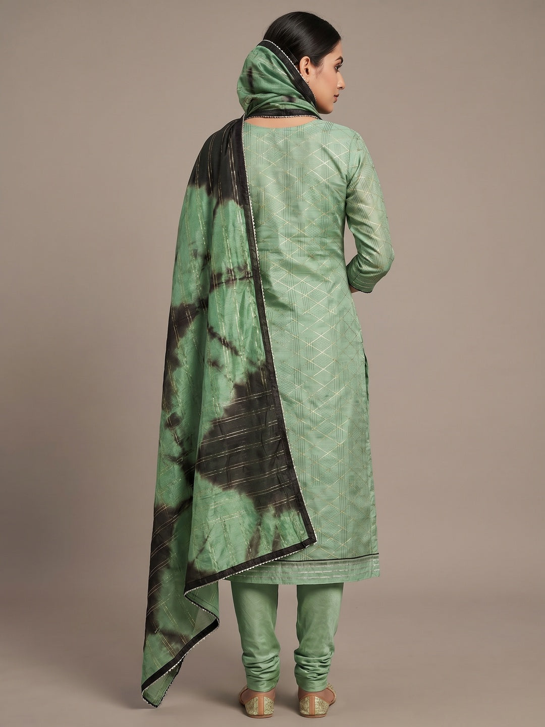 Green Checks Printed Chanderi Dress Material - Image 3