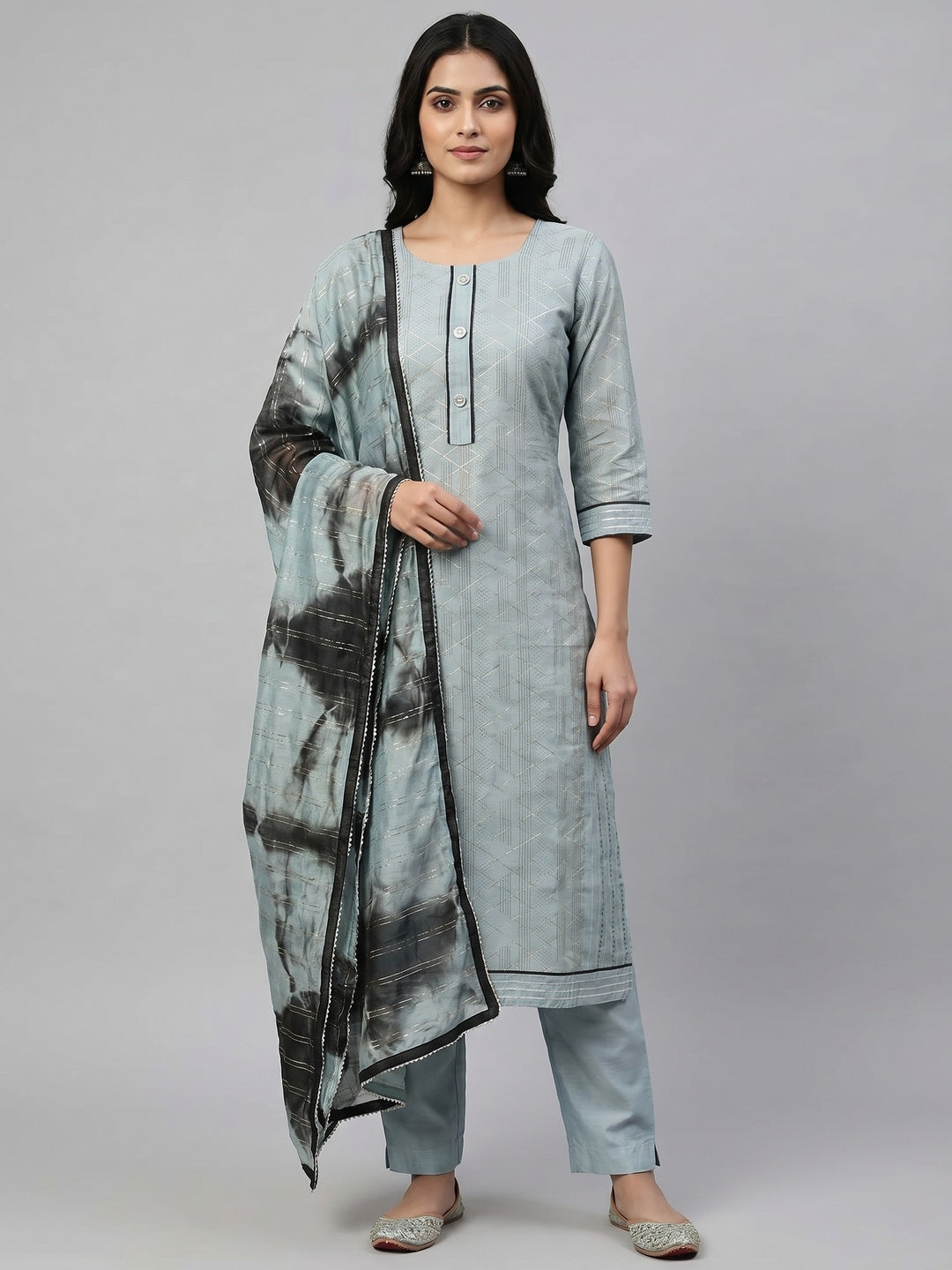 Blue Checks Printed Chanderi Dress Material - Image 1