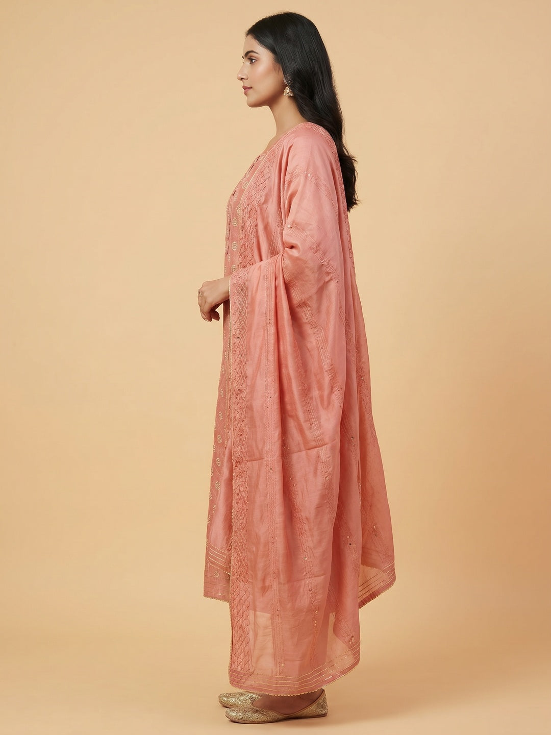 Peach Floral Embroidered With Gota Patti Chanderi Dress Material - Image 3