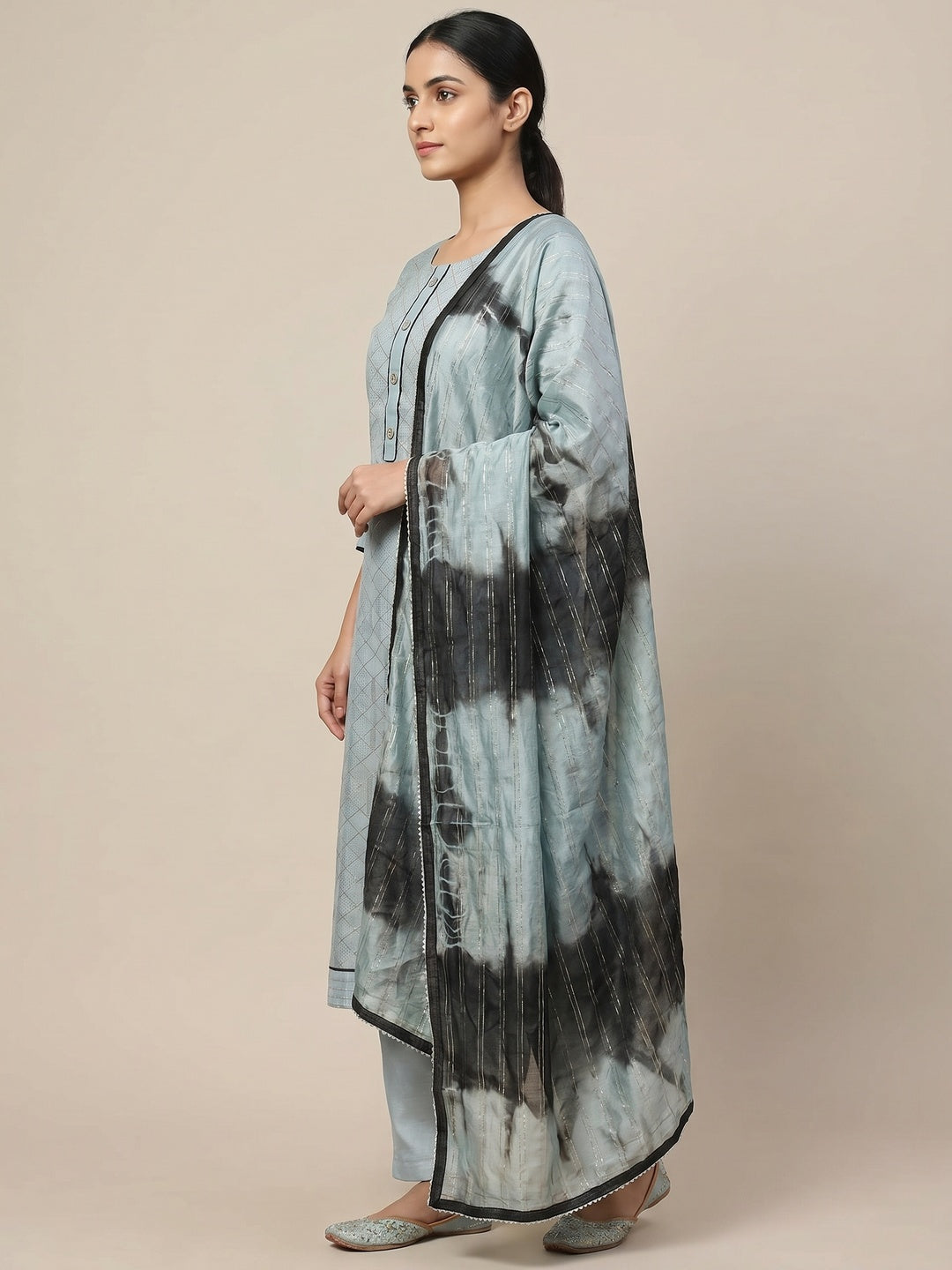 Blue Checks Printed Chanderi Dress Material - Image 3