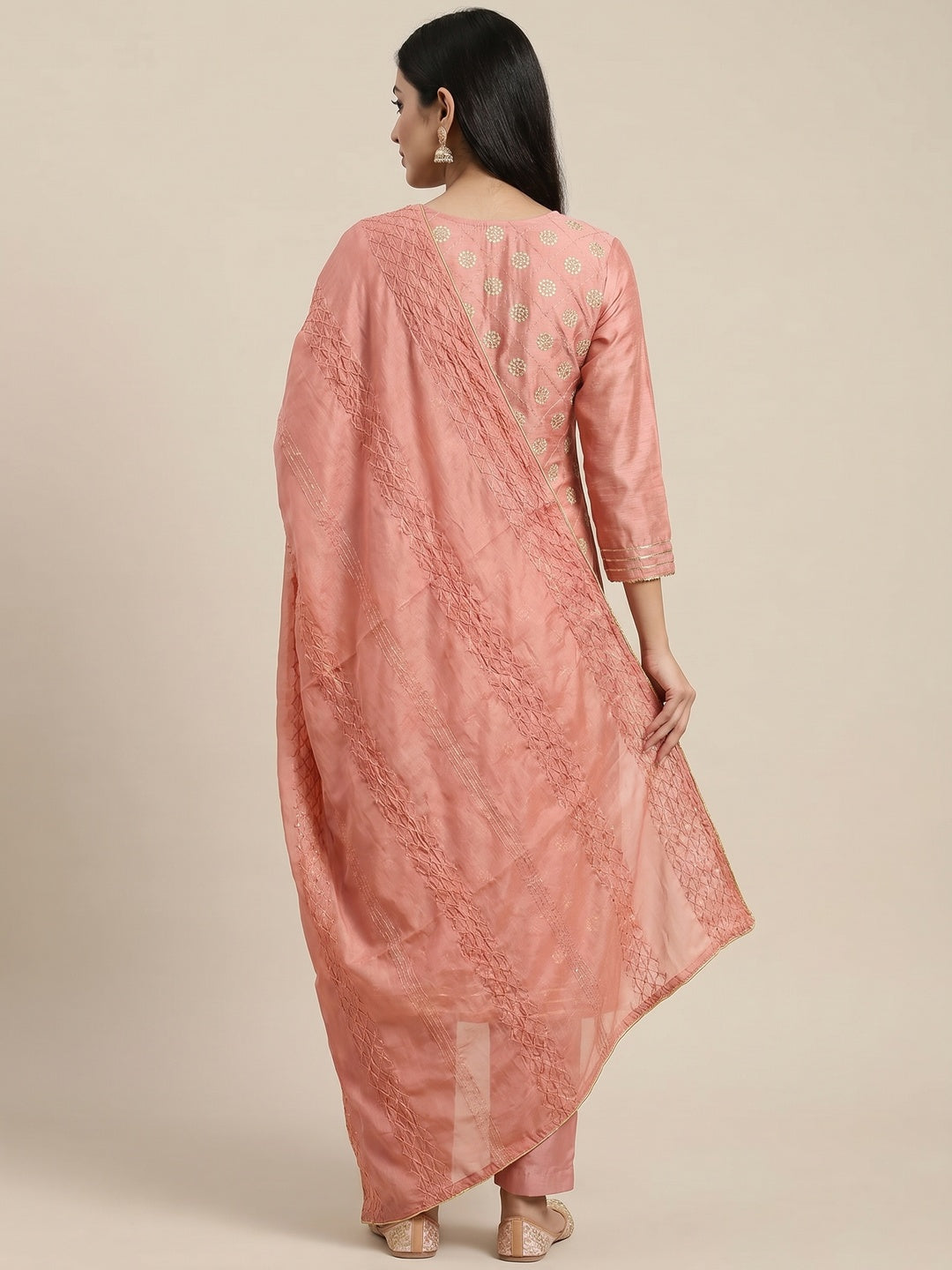 Peach Floral Embroidered With Gota Patti Chanderi Dress Material - Image 2
