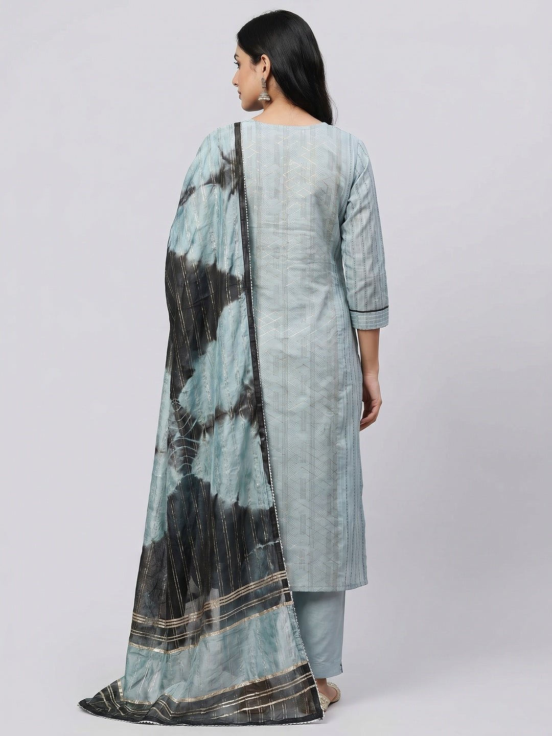Blue Checks Printed Chanderi Dress Material - Image 2