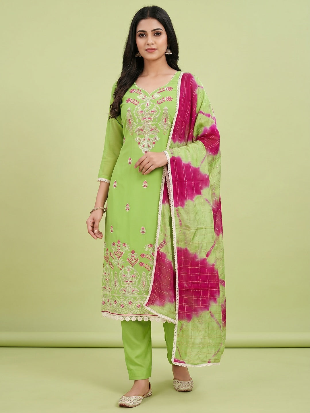 Green Floral Embroidered Georgette Dress Material - Image 1