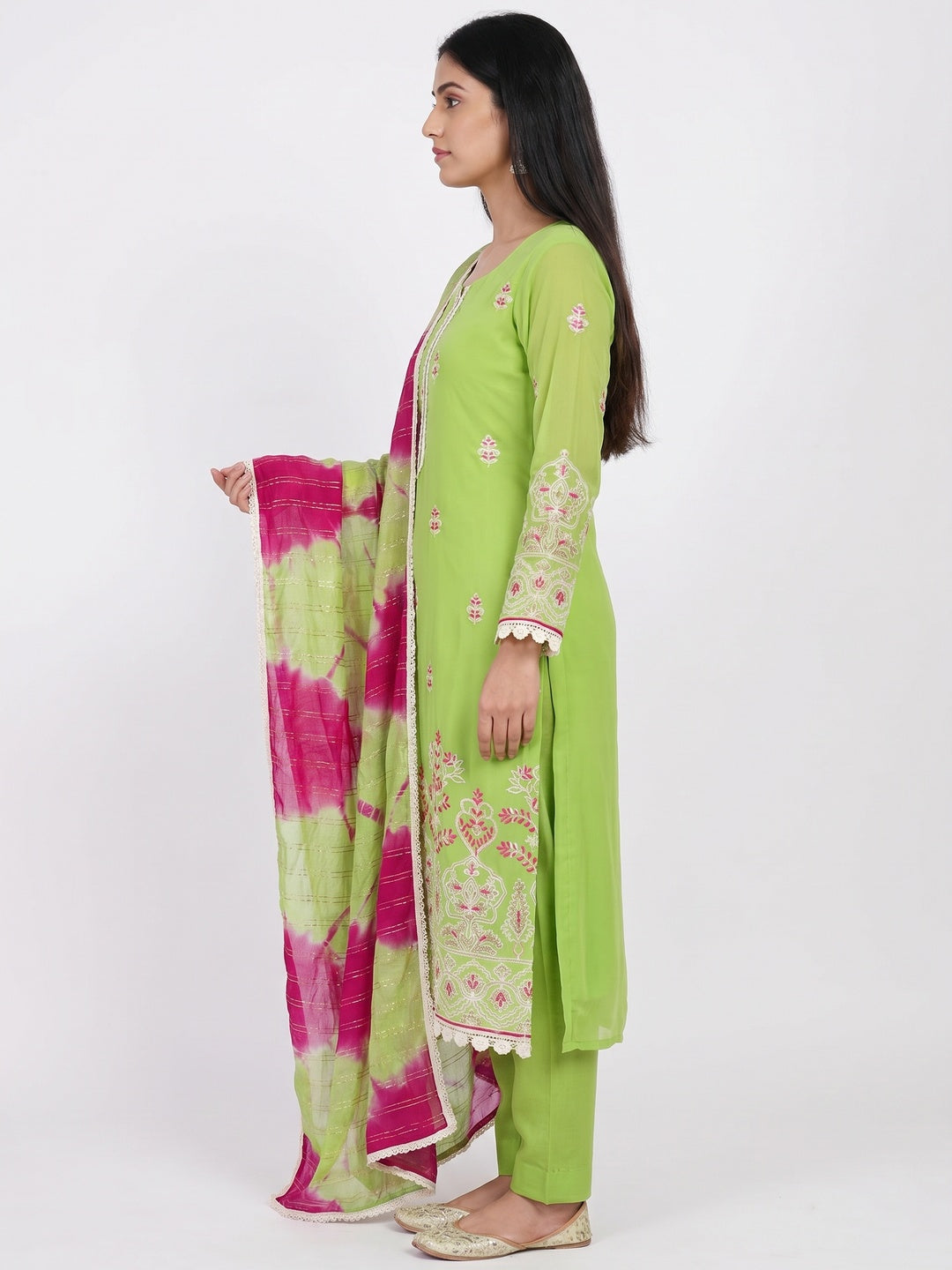 Green Floral Embroidered Georgette Dress Material - Image 3