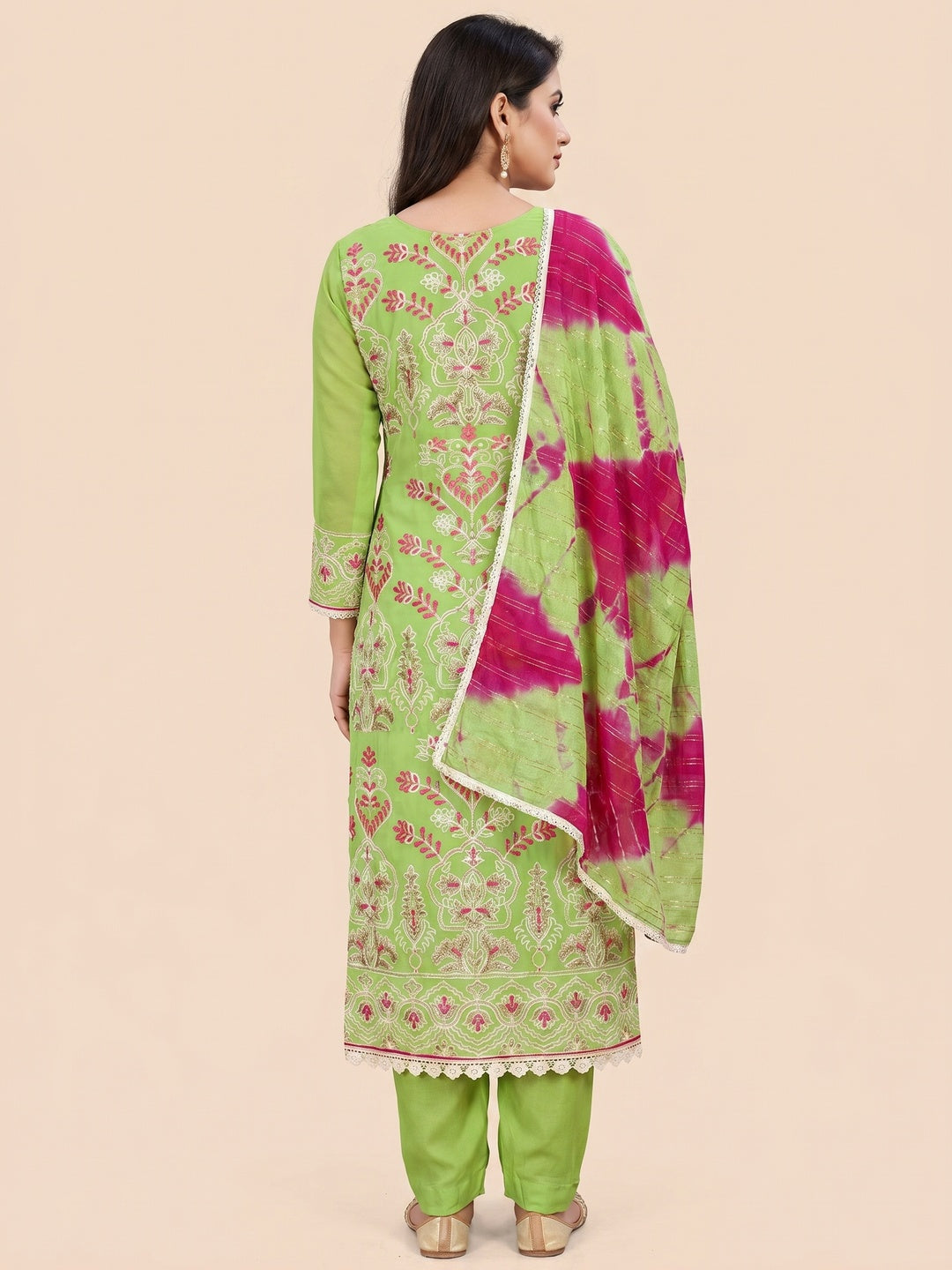 Green Floral Embroidered Georgette Dress Material - Image 2