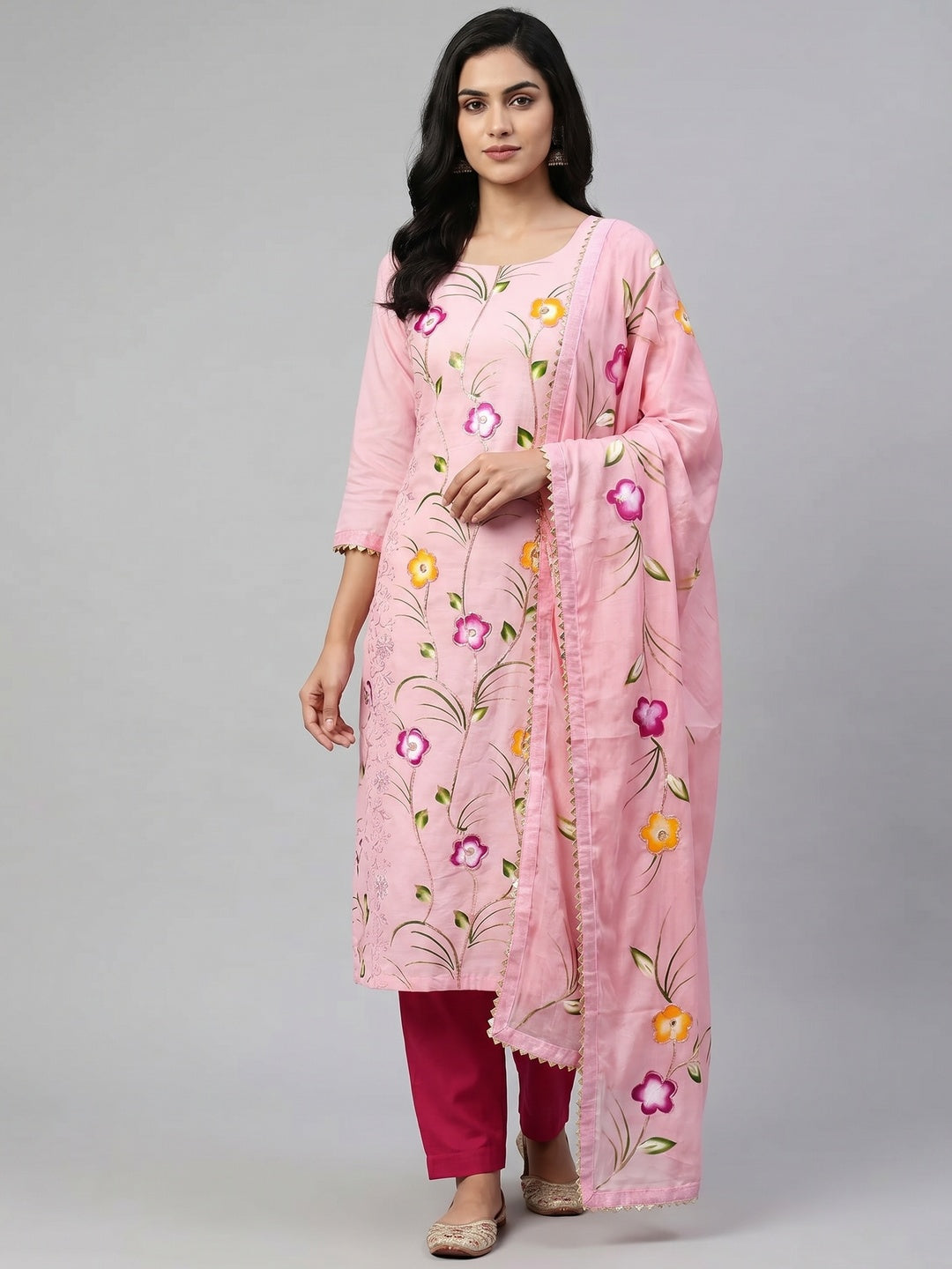 Pink Sequins Floral Embroidered Pure Cotton Dress Material - Image 1