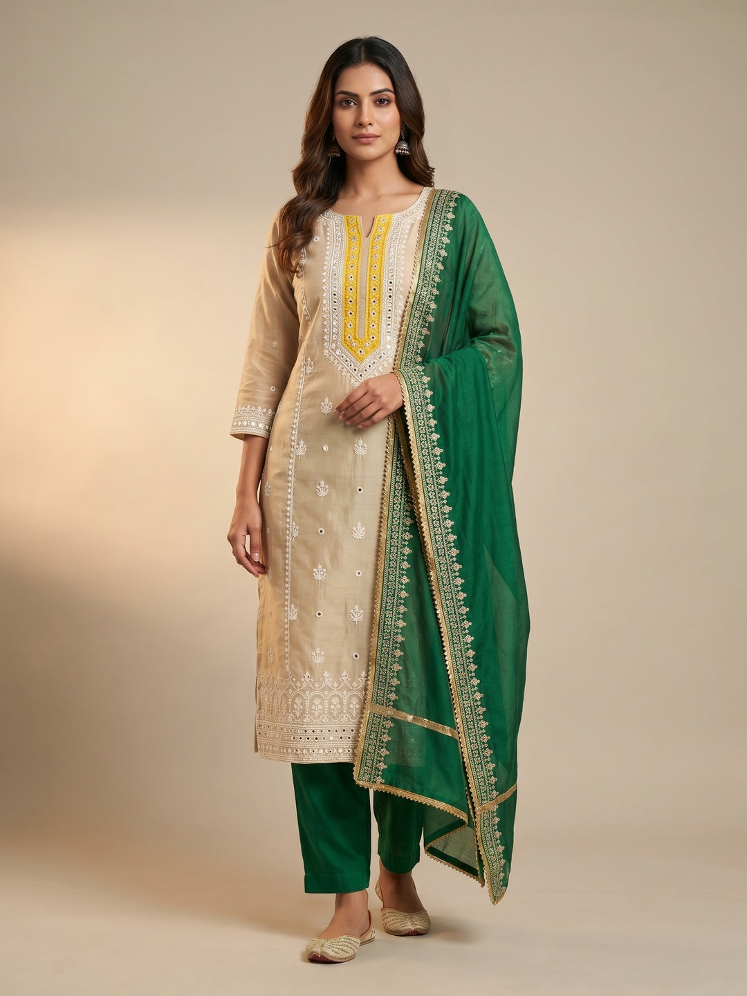 Green Embroidered With Mirror Work Chanderi Dress Material - Image 1