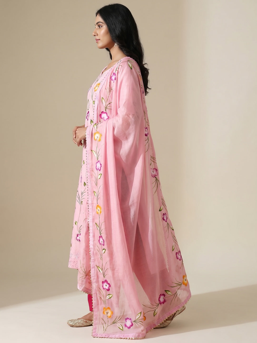 Pink Sequins Floral Embroidered Pure Cotton Dress Material - Image 2