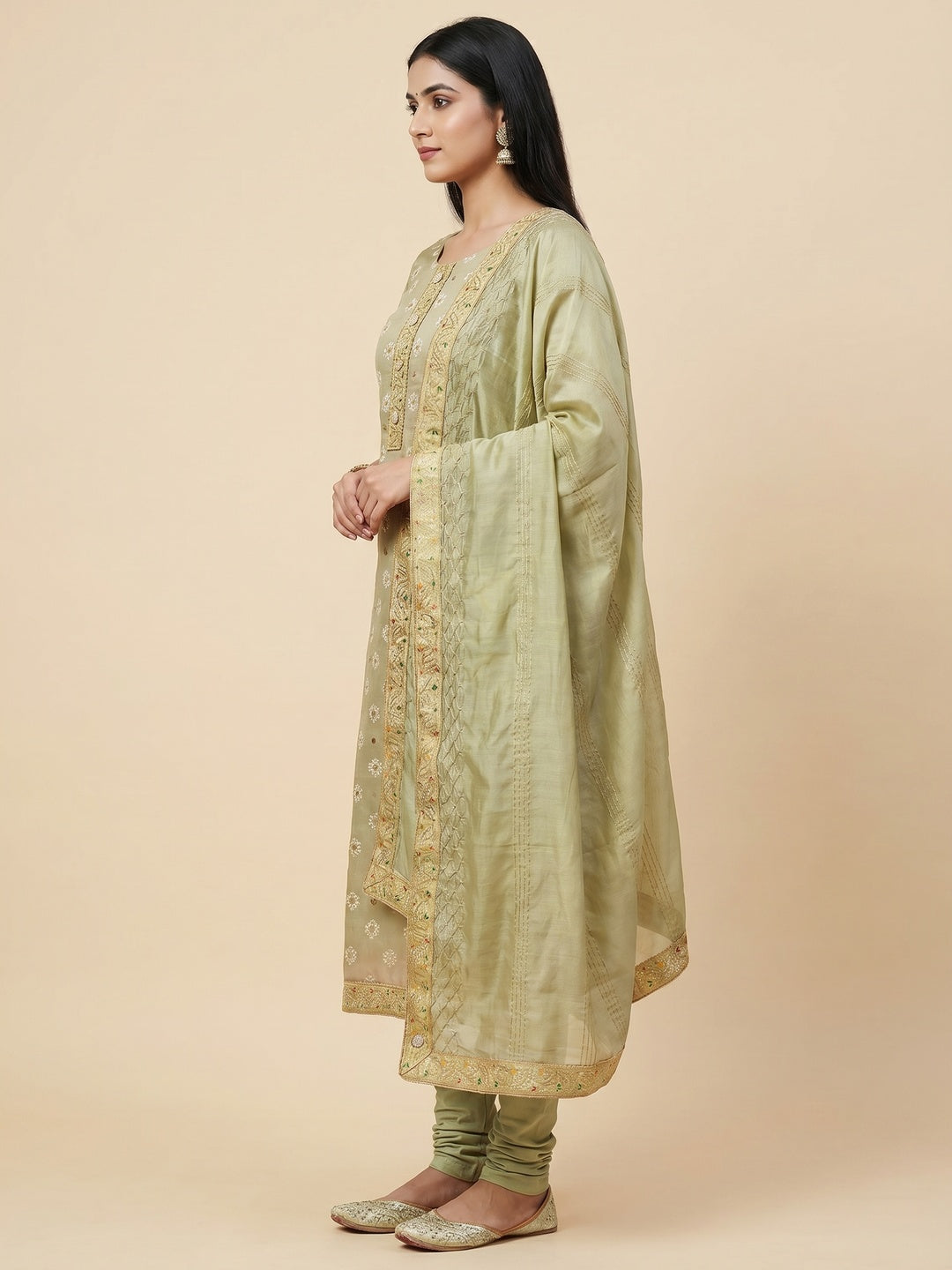 Green Embroidered With Mirror Work Chanderi Dress Material - Image 2