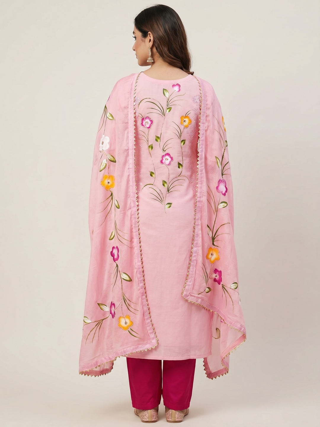 Pink Sequins Floral Embroidered Pure Cotton Dress Material - Image 3