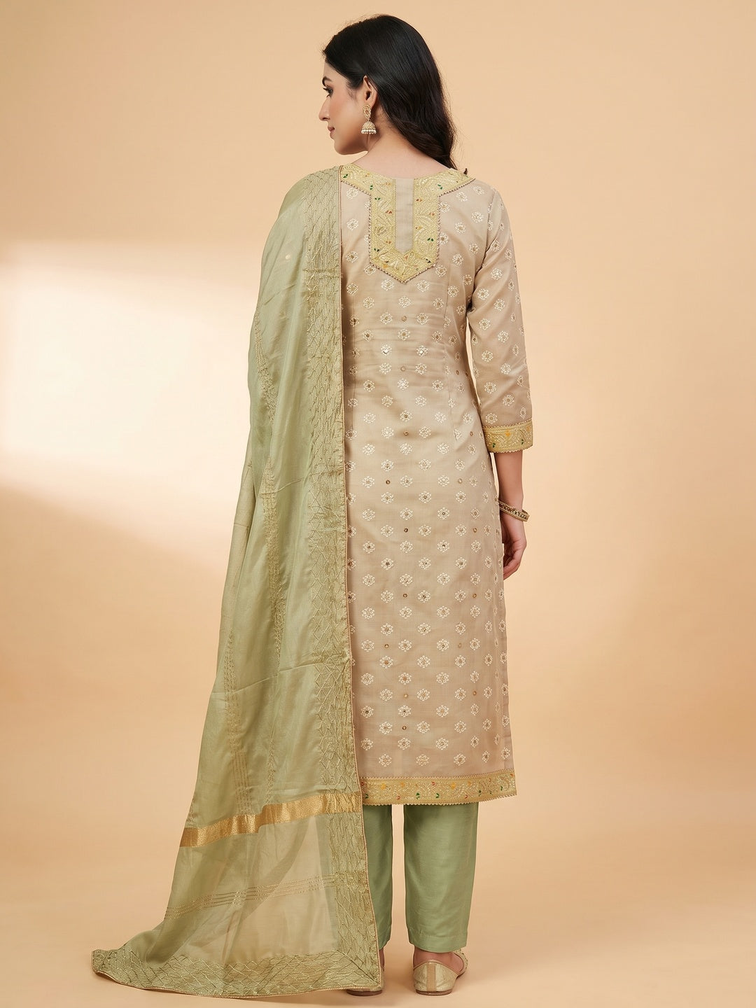 Green Embroidered With Mirror Work Chanderi Dress Material - Image 3