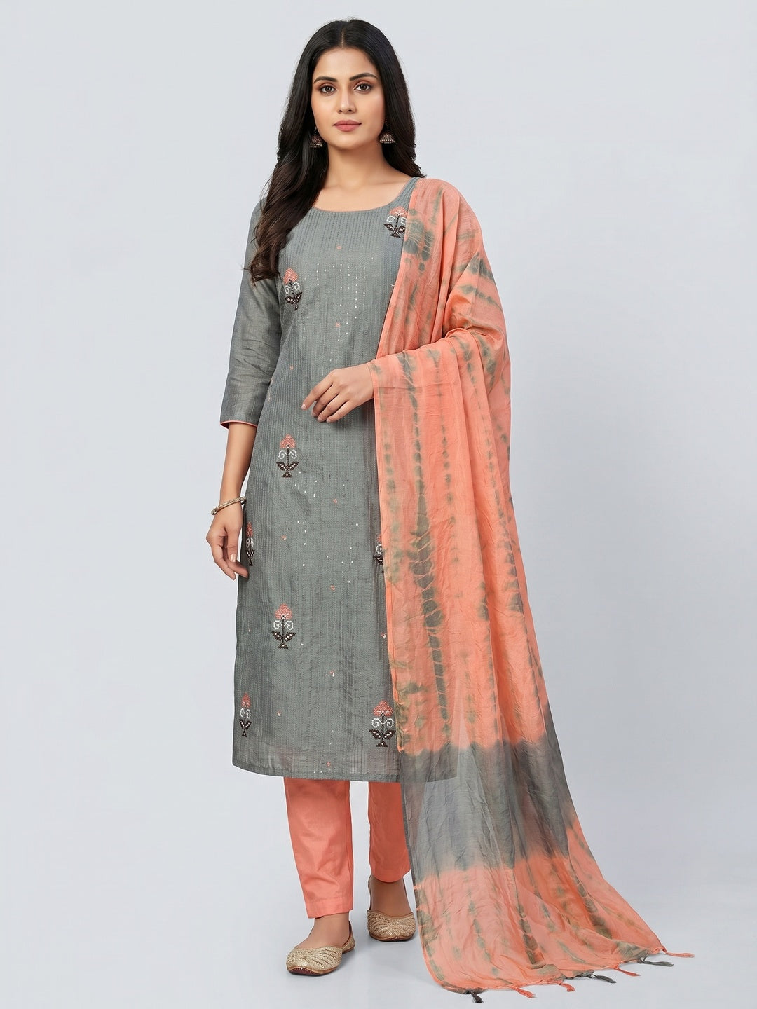 Grey Sequins Embroidered Chanderi Dress Material - Image 1