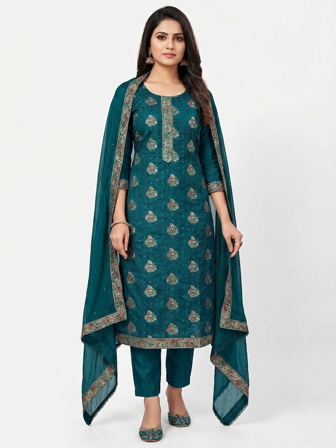Blue Woven With Sequins Art Silk Dress Material - Image 1
