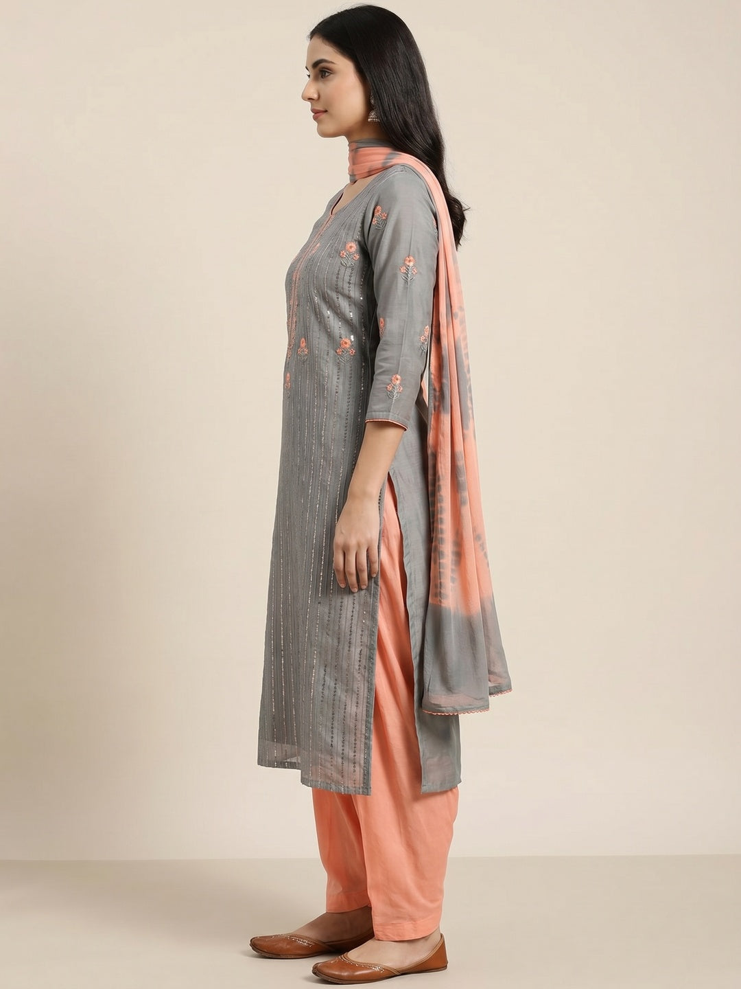 Grey Sequins Embroidered Chanderi Dress Material - Image 2