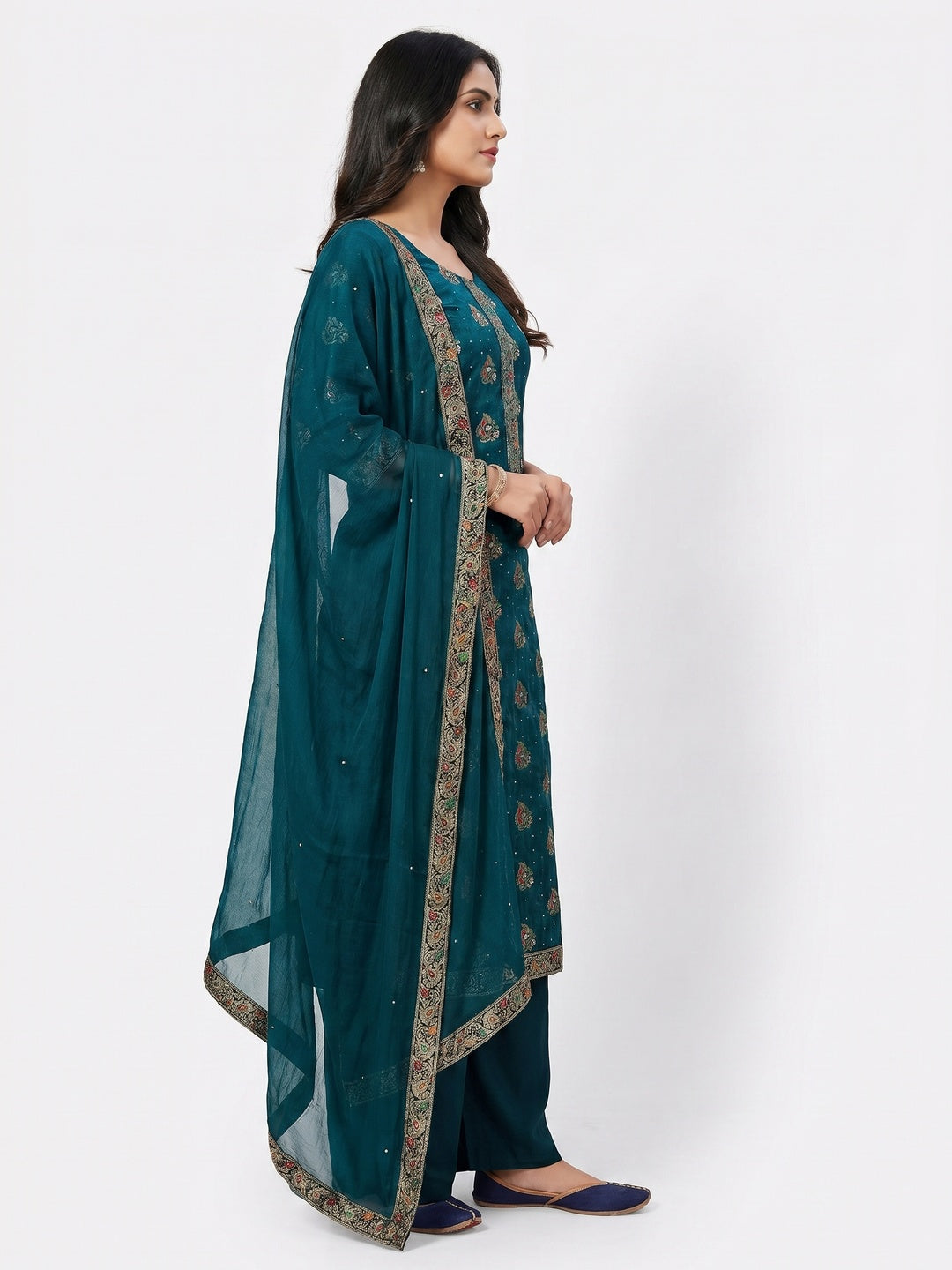 Blue Woven With Sequins Art Silk Dress Material - Image 2
