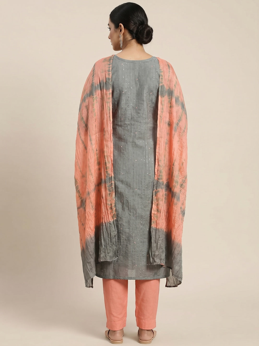 Grey Sequins Embroidered Chanderi Dress Material - Image 3