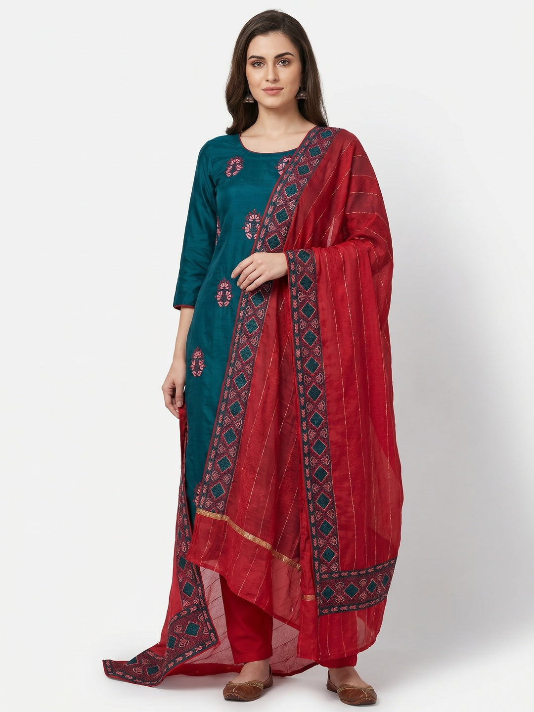 Morpich Floral Embroidered Pure Silk Dress Material - Image 1