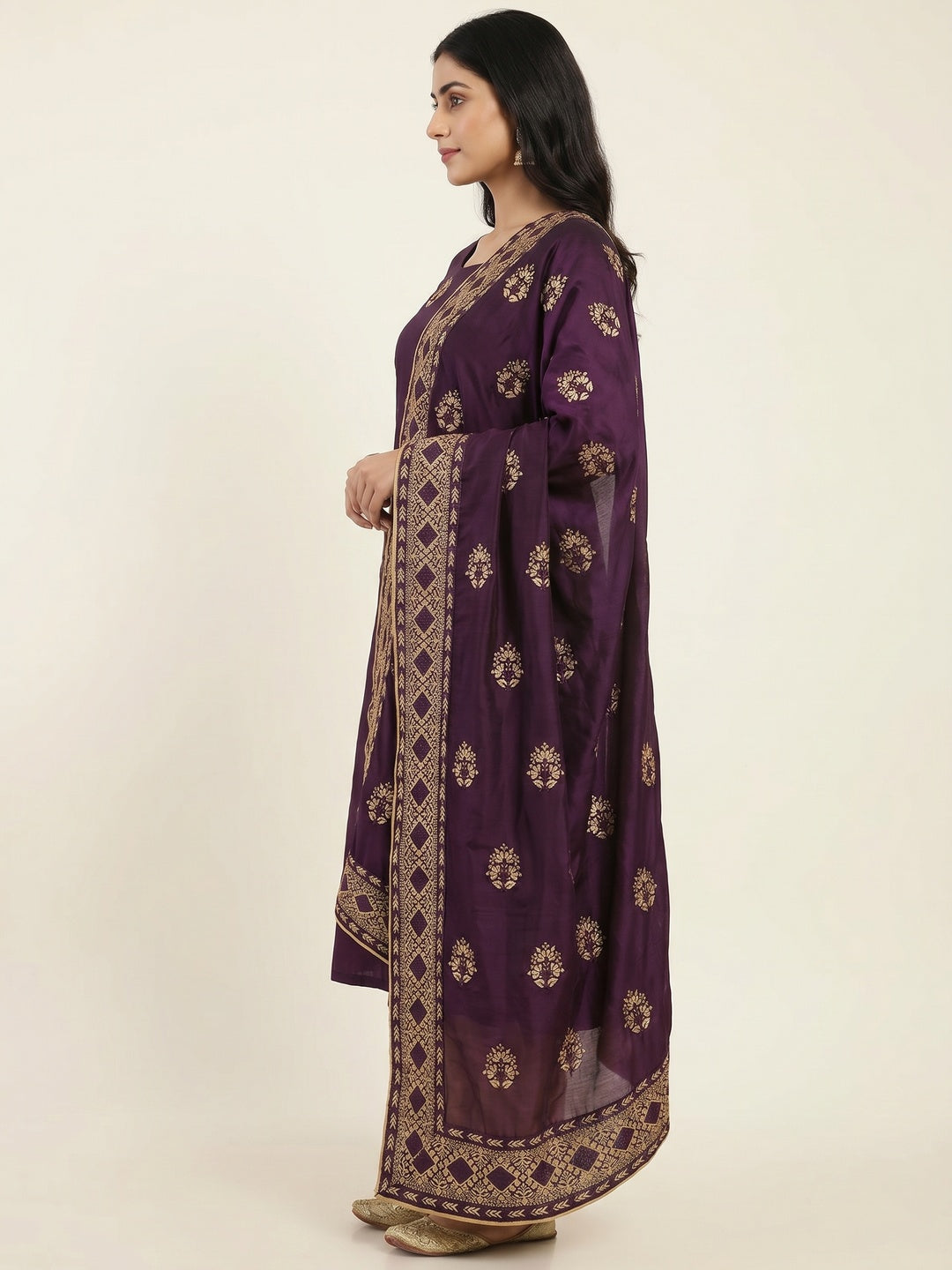 Wine Floral Embroidered Pure Silk Dress Material - Image 2