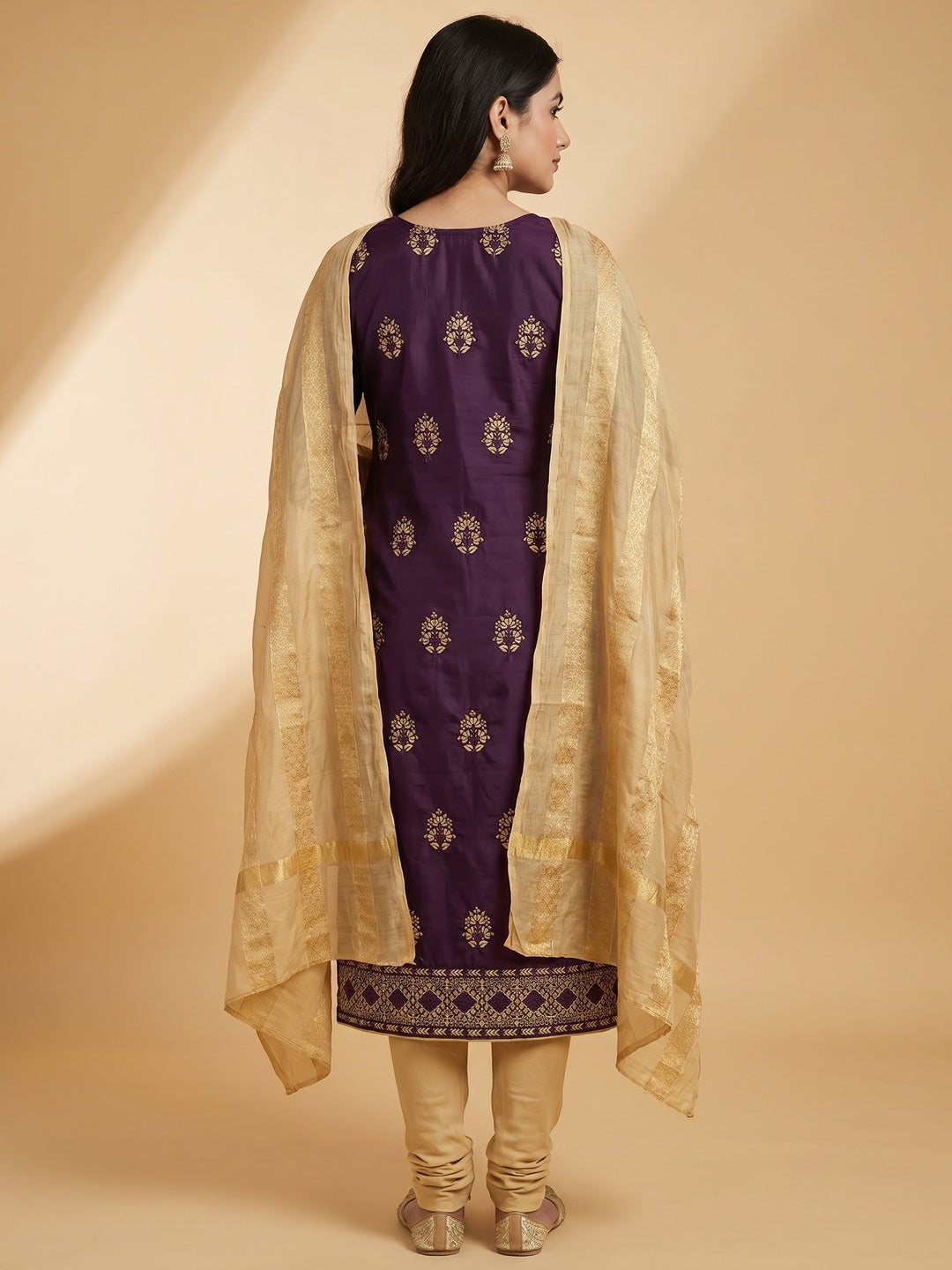 Wine Floral Embroidered Pure Silk Dress Material - Image 3