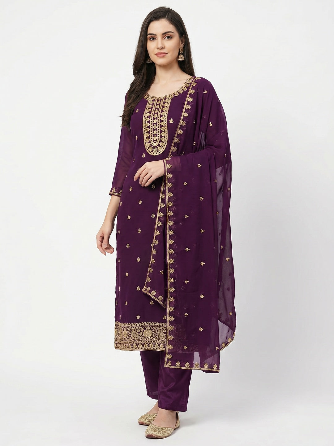 Purple Floral Embroidered Georgette Dress Material - Image 3