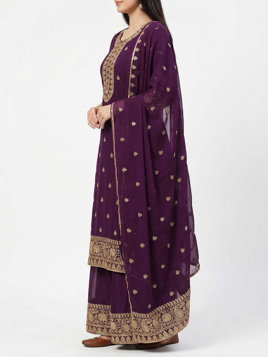 Purple Floral Embroidered Georgette Dress Material - Image 2