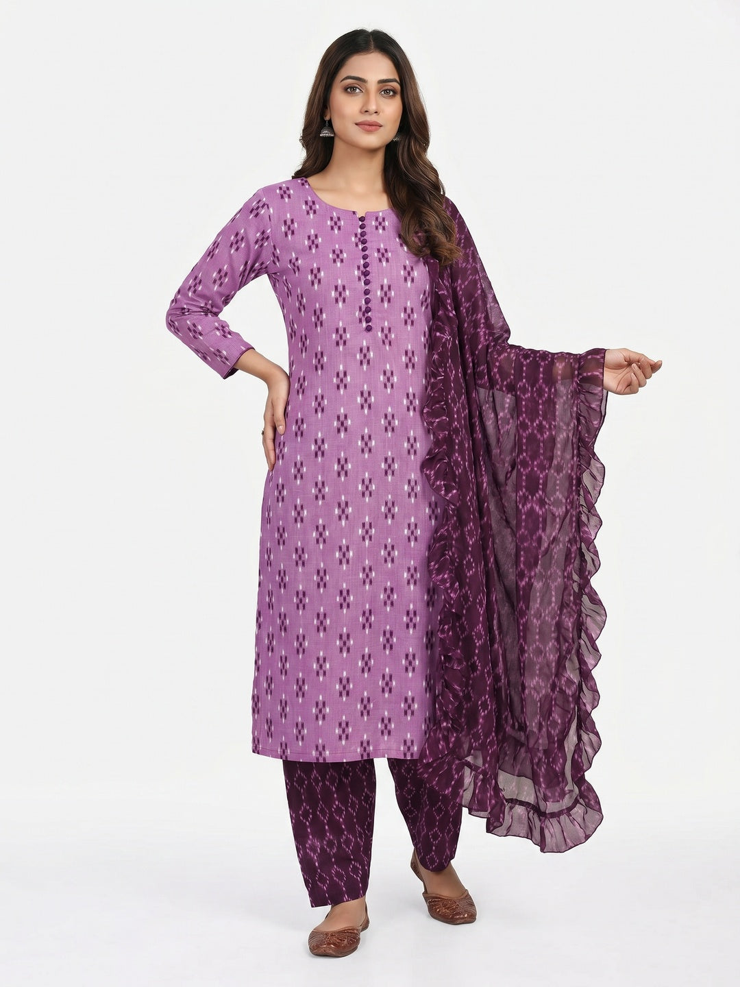 Wine Ikkat Printed Cotton Blend Dress Material - Image 1