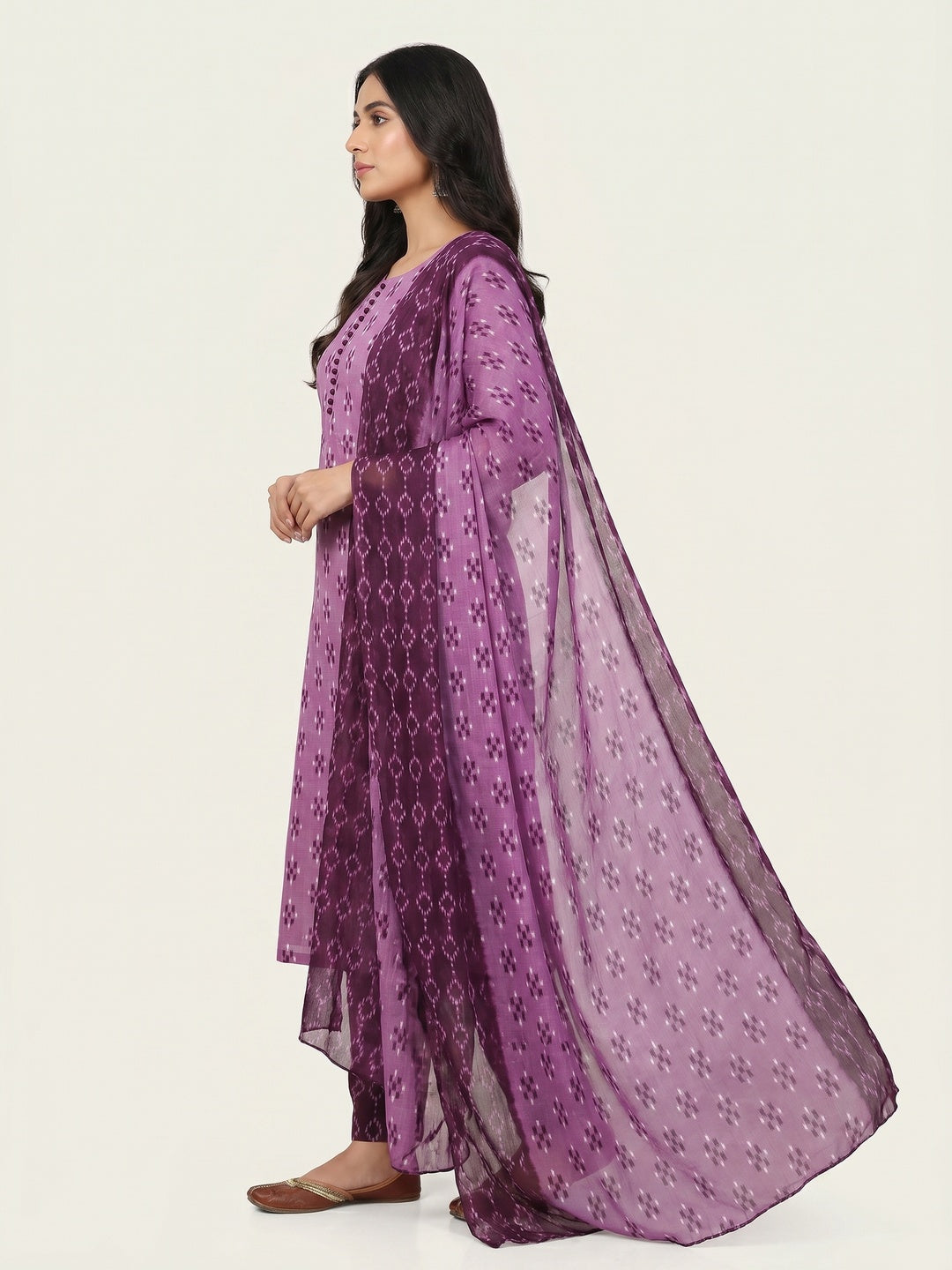 Wine Ikkat Printed Cotton Blend Dress Material - Image 3