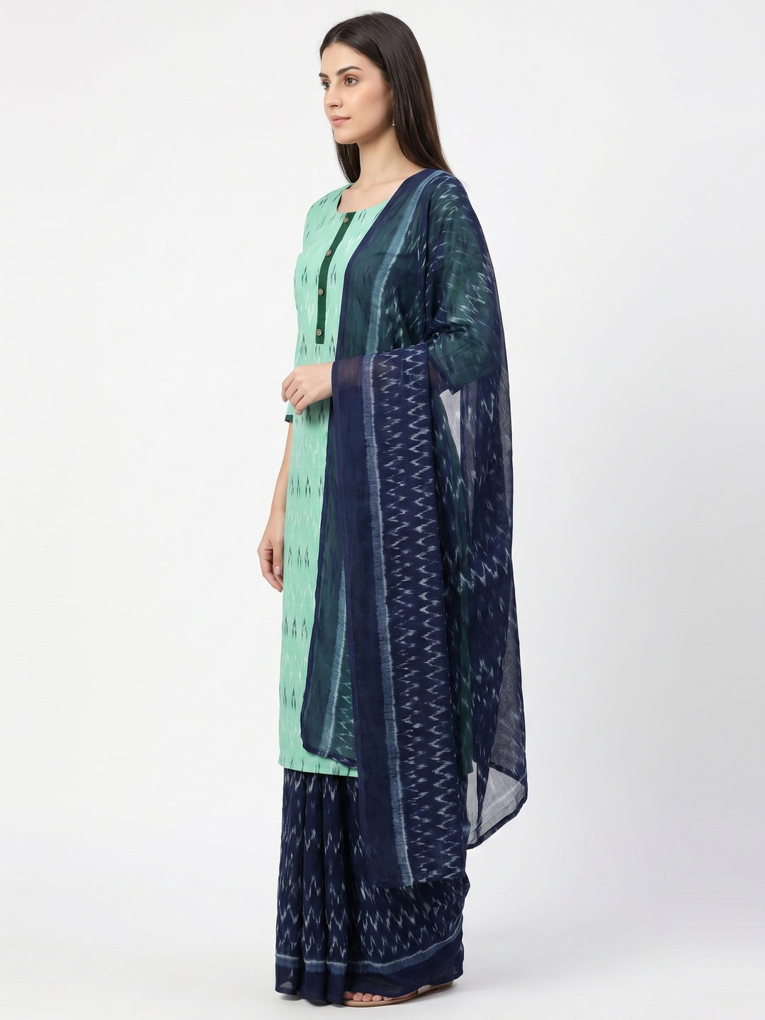 Rama Green Ikkat Printed Cotton Blend Dress Material - Image 3