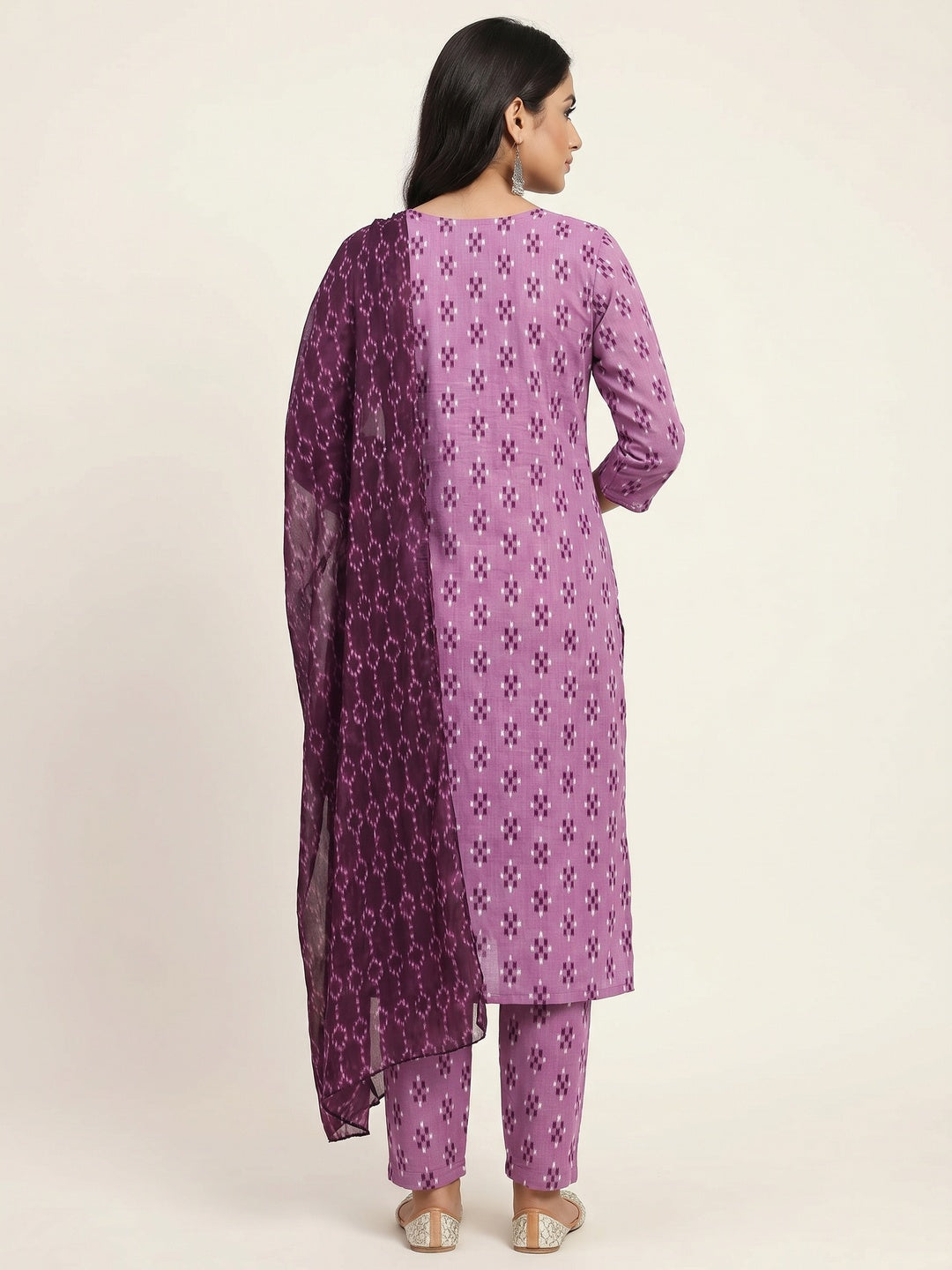 Wine Ikkat Printed Cotton Blend Dress Material - Image 2