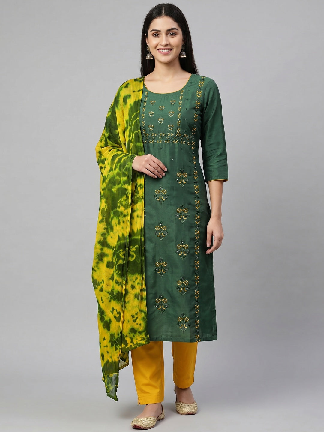 Green Floral Embroidered Pure Silk Dress Material - Image 1