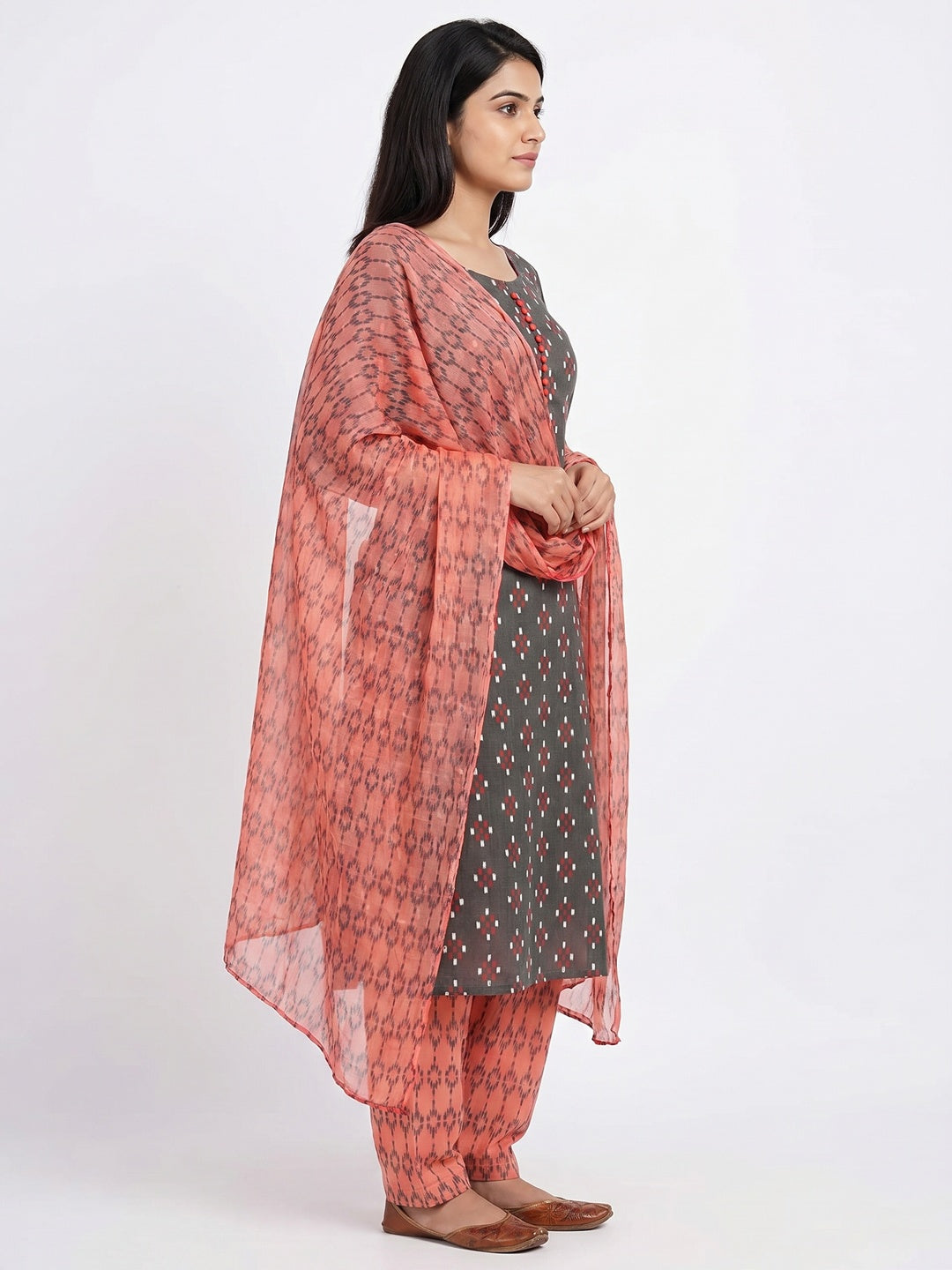 Grey Ikkat Printed Cotton Blend Dress Material - Image 3