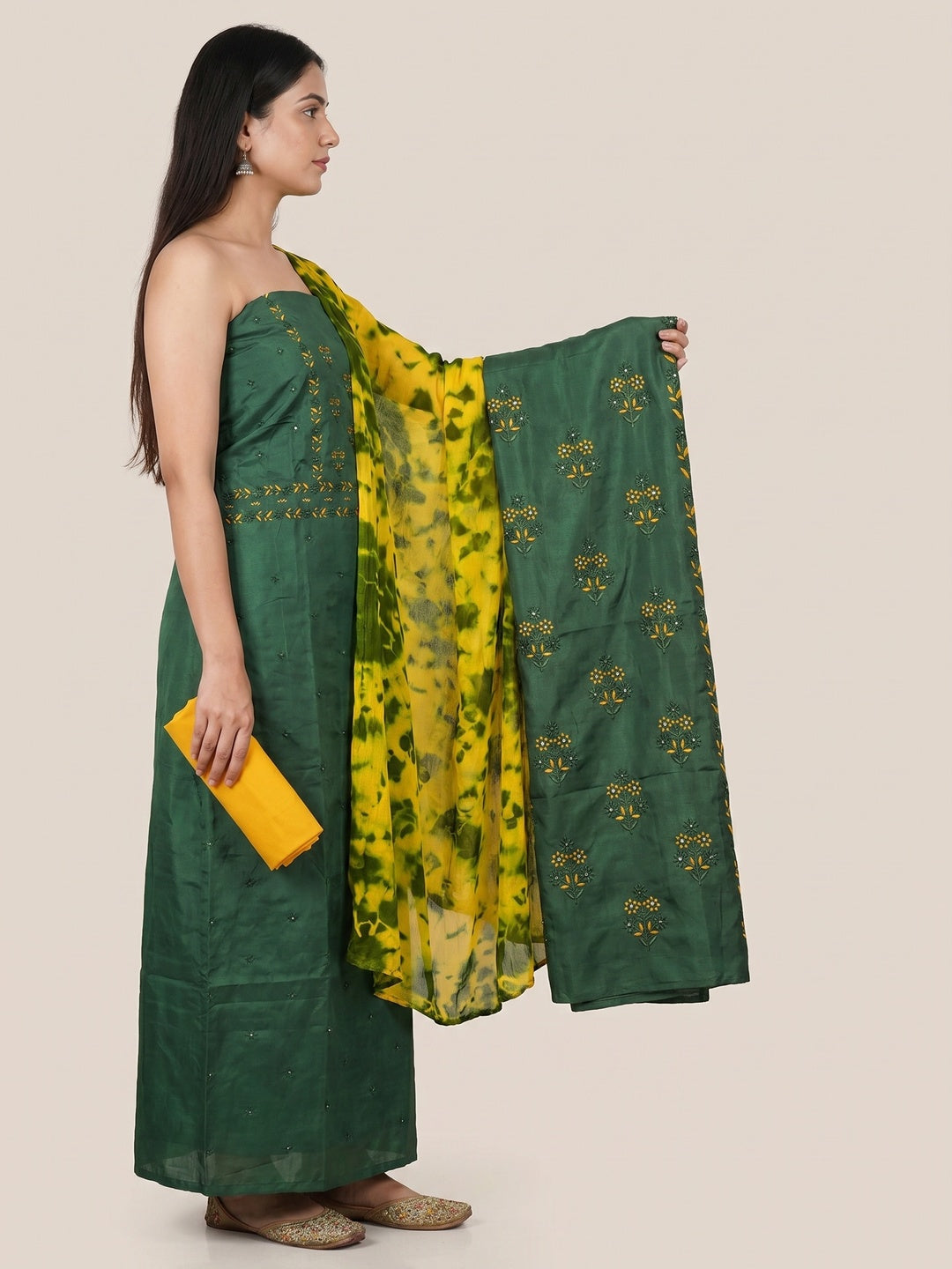 Green Floral Embroidered Pure Silk Dress Material - Image 3