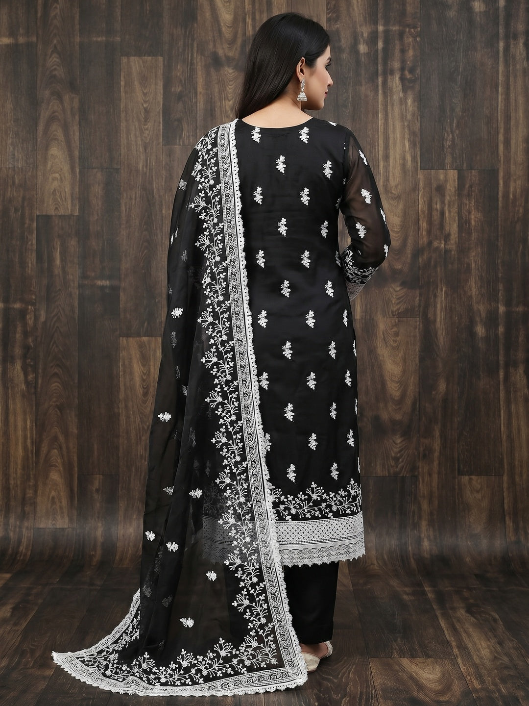 Black Floral Embroidered Organza Dress Material - Image 2