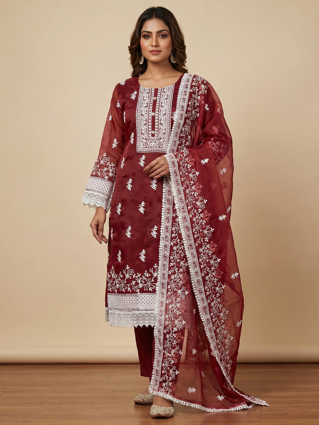 Maroon Floral Embroidered Organza Dress Material - Image 1