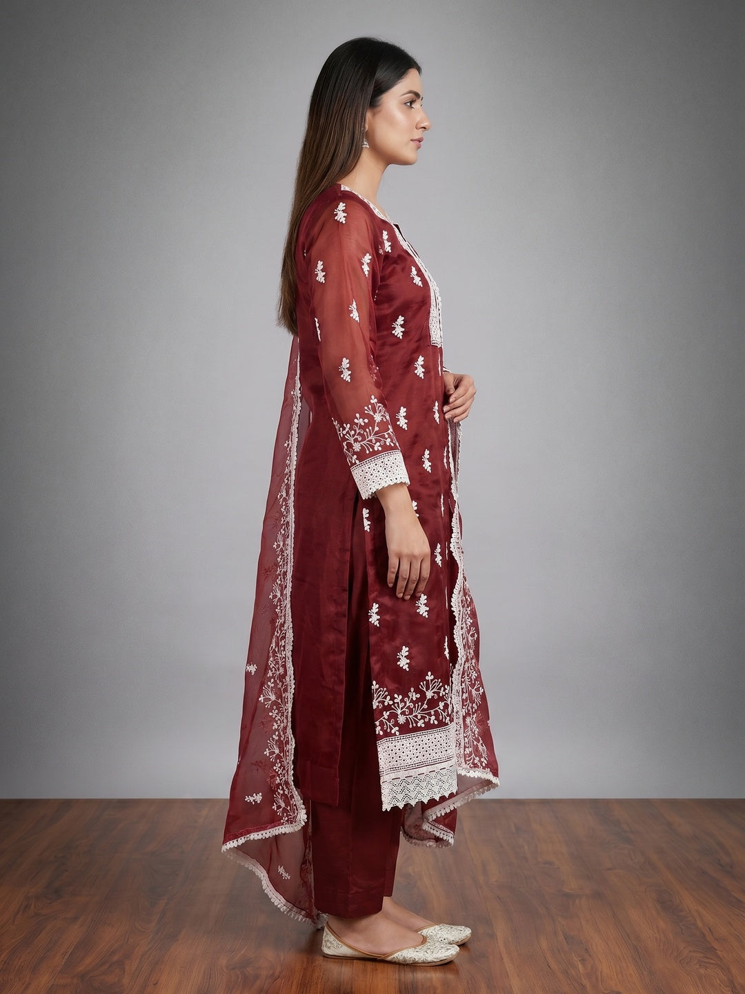 Maroon Floral Embroidered Organza Dress Material - Image 2
