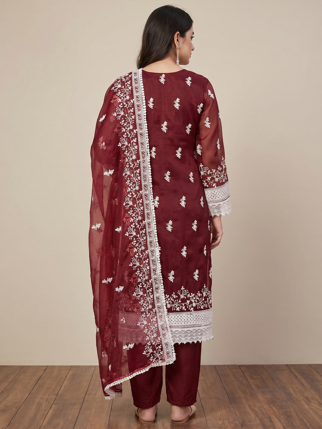 Maroon Floral Embroidered Organza Dress Material - Image 3