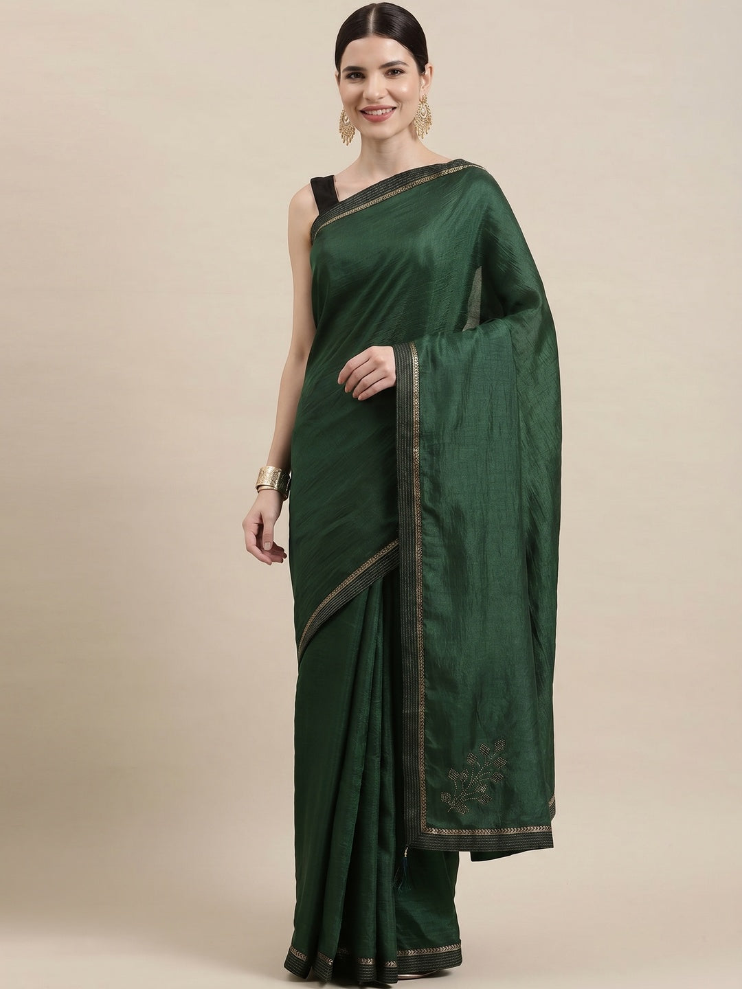 Green Solid With Woven Border Art Silk Saree - Image 1