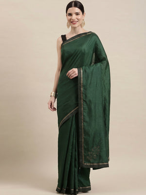 Green Solid With Woven Border Art Silk Saree - Image 1