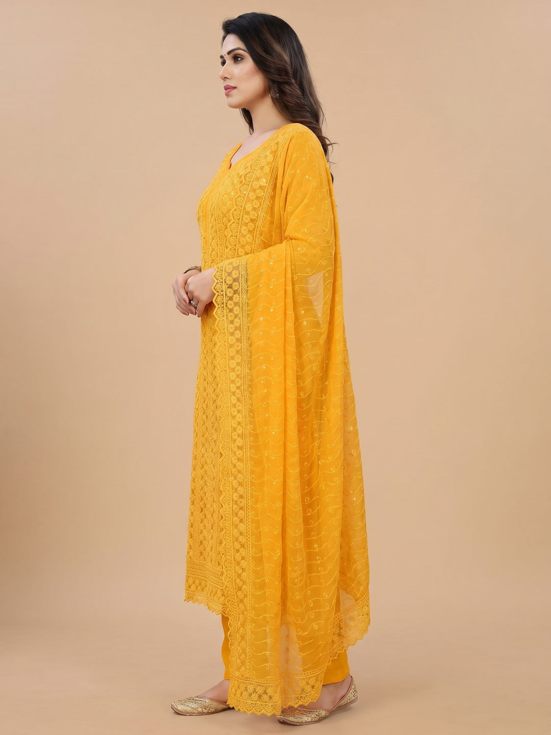 Yellow Festive Wear Lucknowi Embroidered Georgette Suit - Image 3