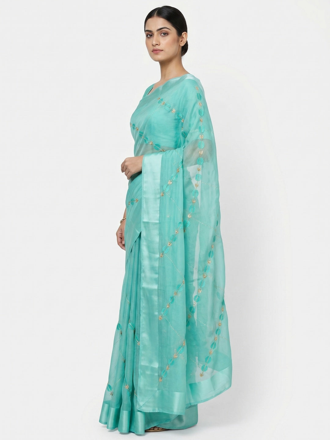 Turquoise Embroidered Chiffon Saree - Image 3