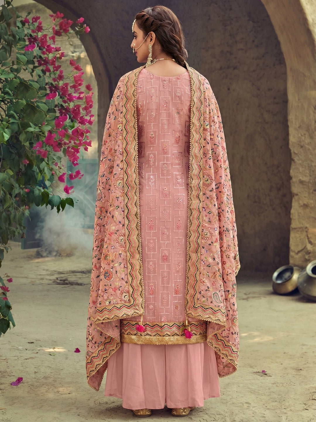 Elegant Pink Georgette Unstitched Dress Material with Embroidered Dupatta - Image 2