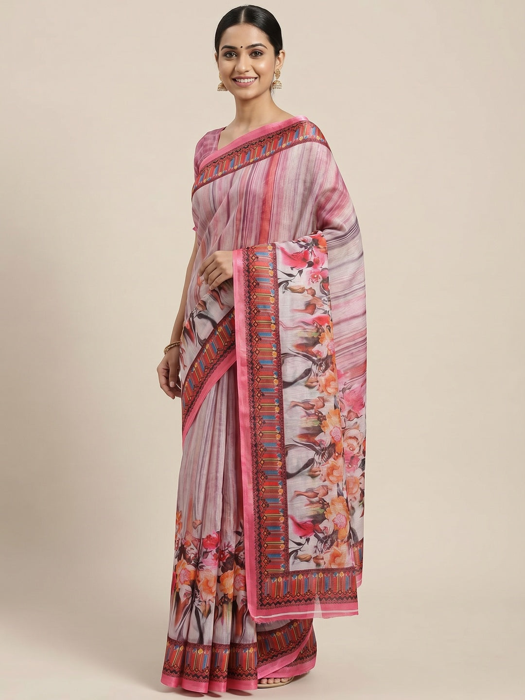 Off-White-Pink Casual Wear Floral Digital Printed Linen Saree - Image 1