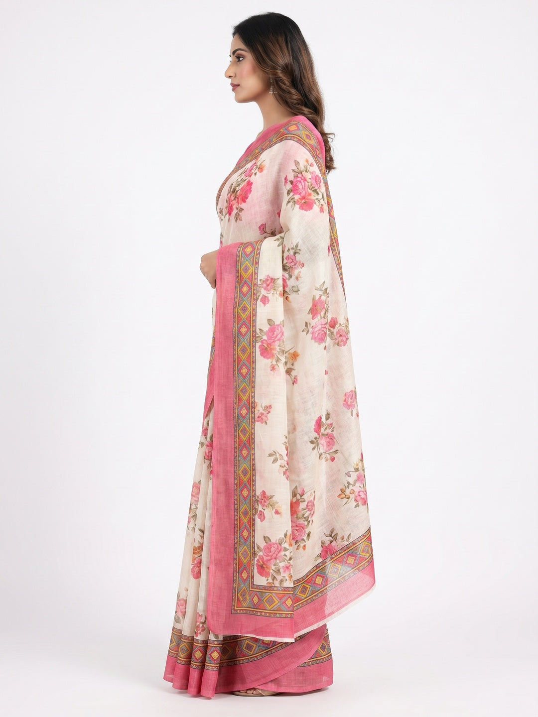 Off-White-Pink Casual Wear Floral Digital Printed Linen Saree - Image 2