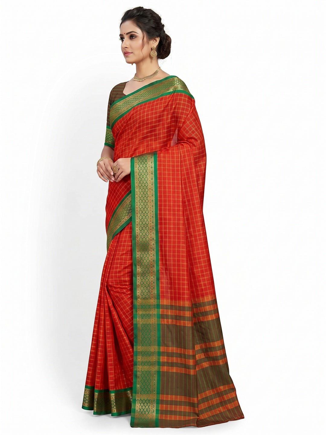 Red Festive Wear Checks With Woven Border Cotton Silk Saree - Image 3
