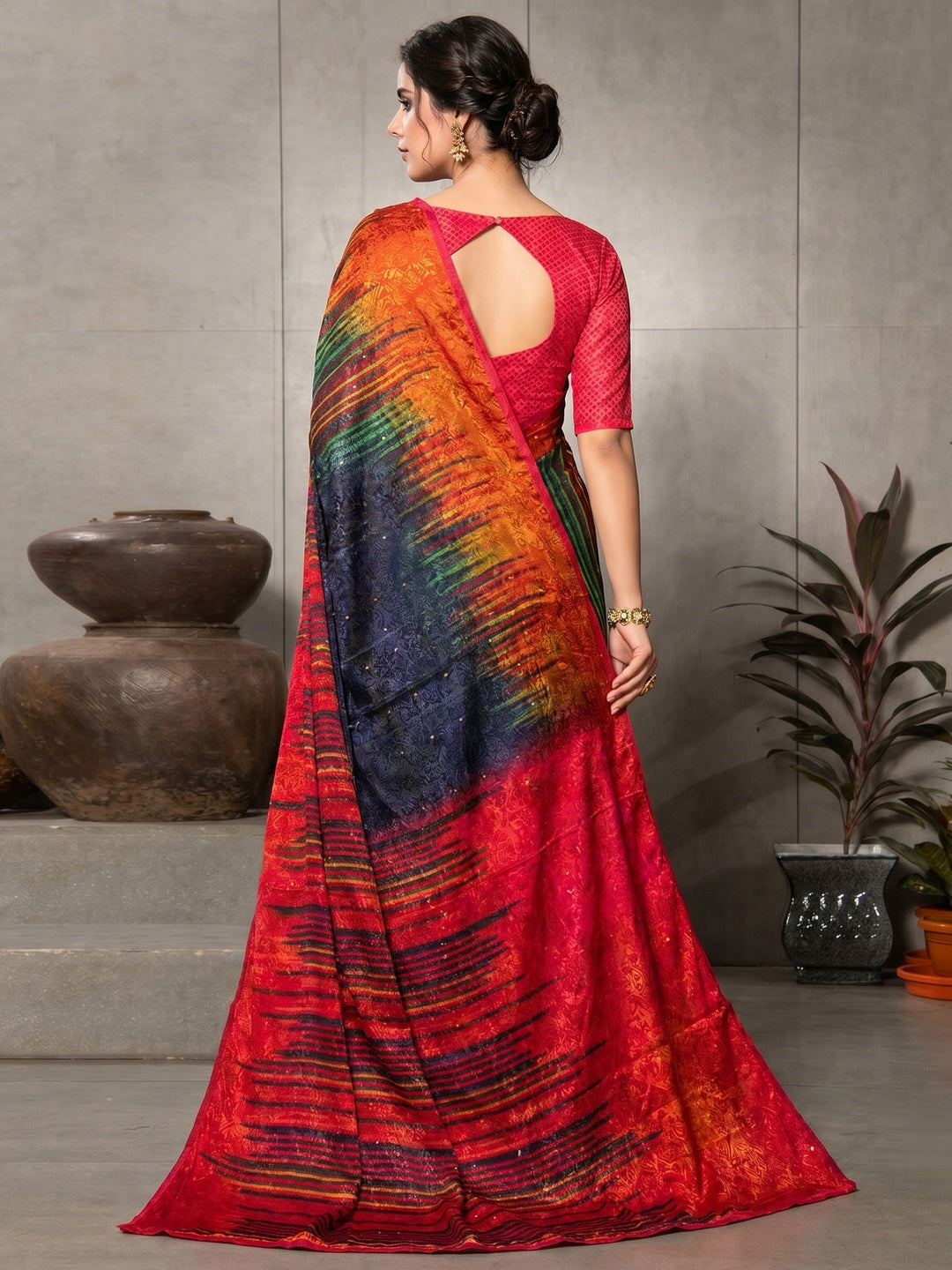 Gleaming Multi Colored Partywear Printed Silk Crape Saree - Image 1