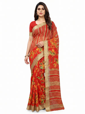 Red Casual Wear Floral Printed With Jari Border Cotton Saree - Image 1
