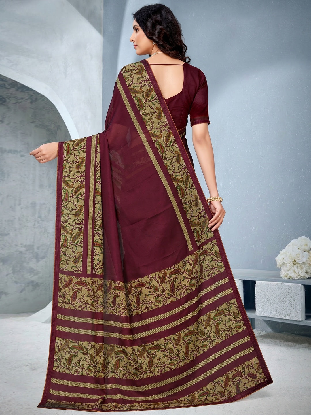 Surpassing Maroon Coloured Lace Piping Work Casual Wear Georgette Saree - Image 1