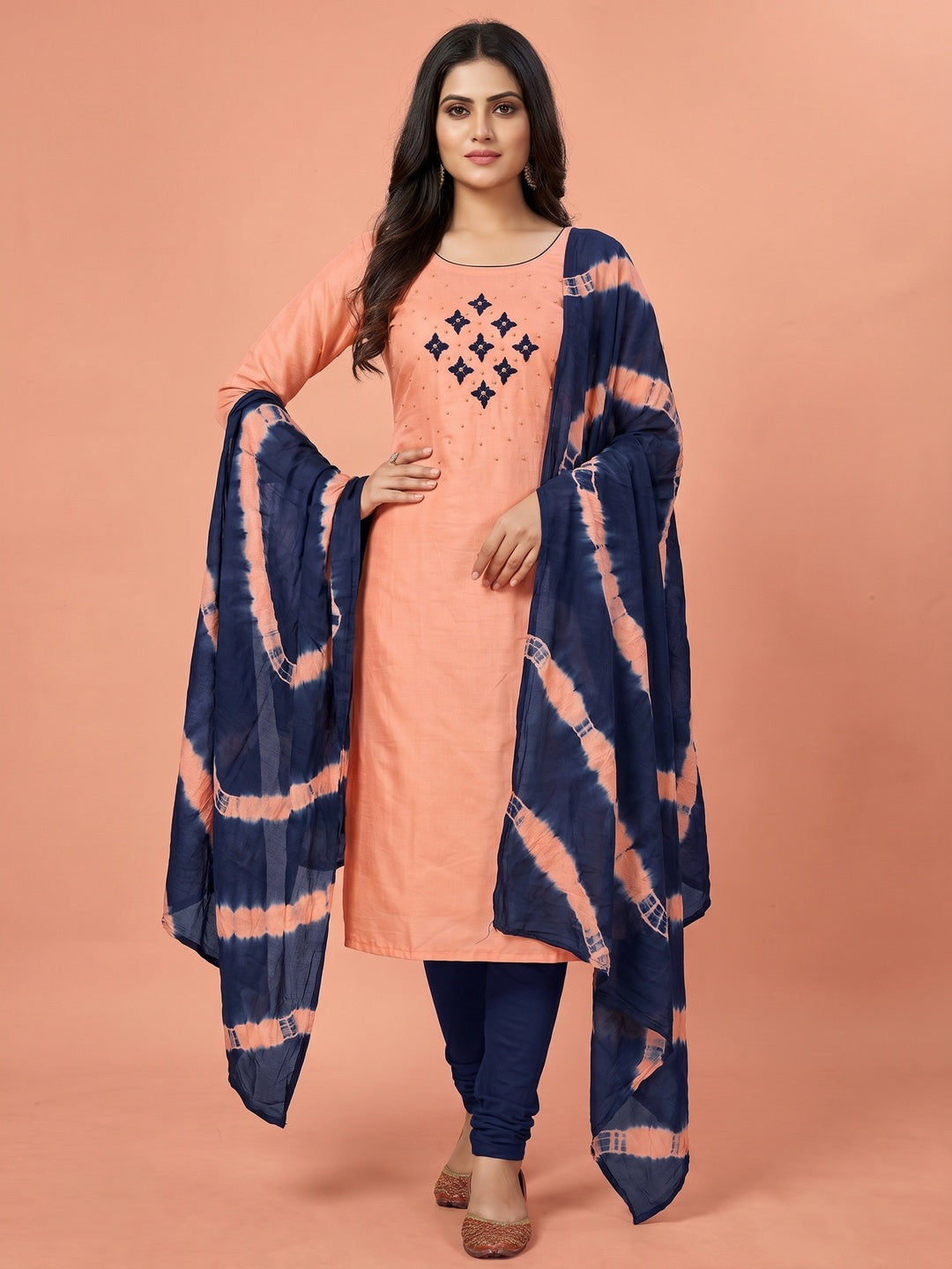 Peach Embroidered Art Silk Dress Material - Image 1