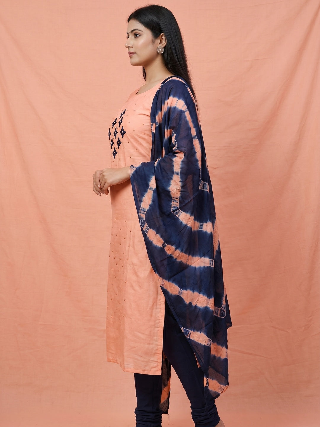 Peach Embroidered Art Silk Dress Material - Image 2