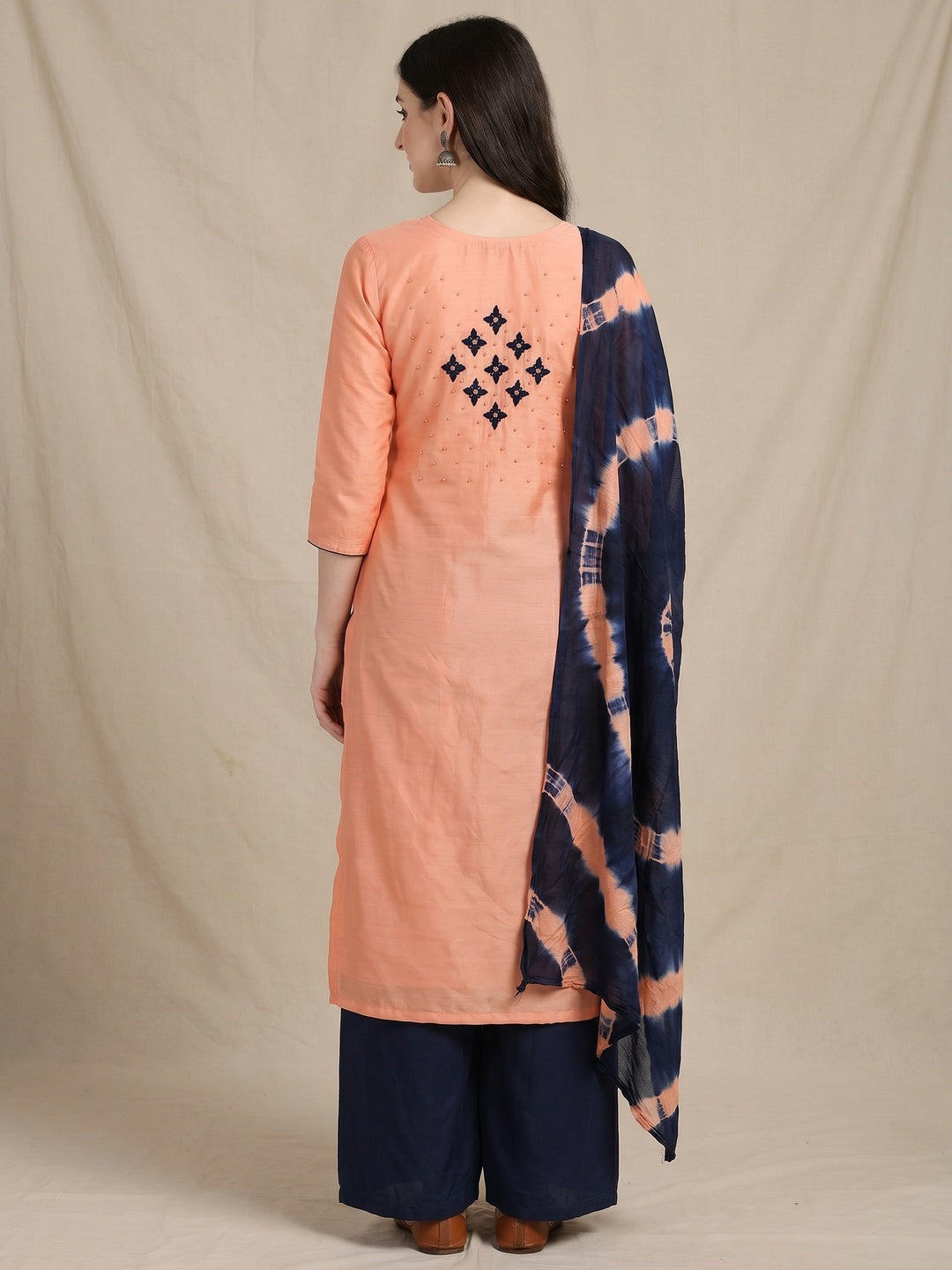 Peach Embroidered Art Silk Dress Material - Image 3